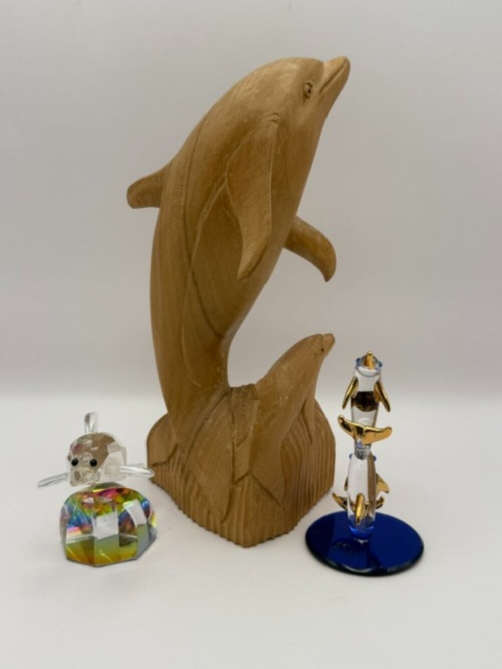Dolphin Figurine Lot 3 Wood Carved, Faceted Glass & Blue Base Decor